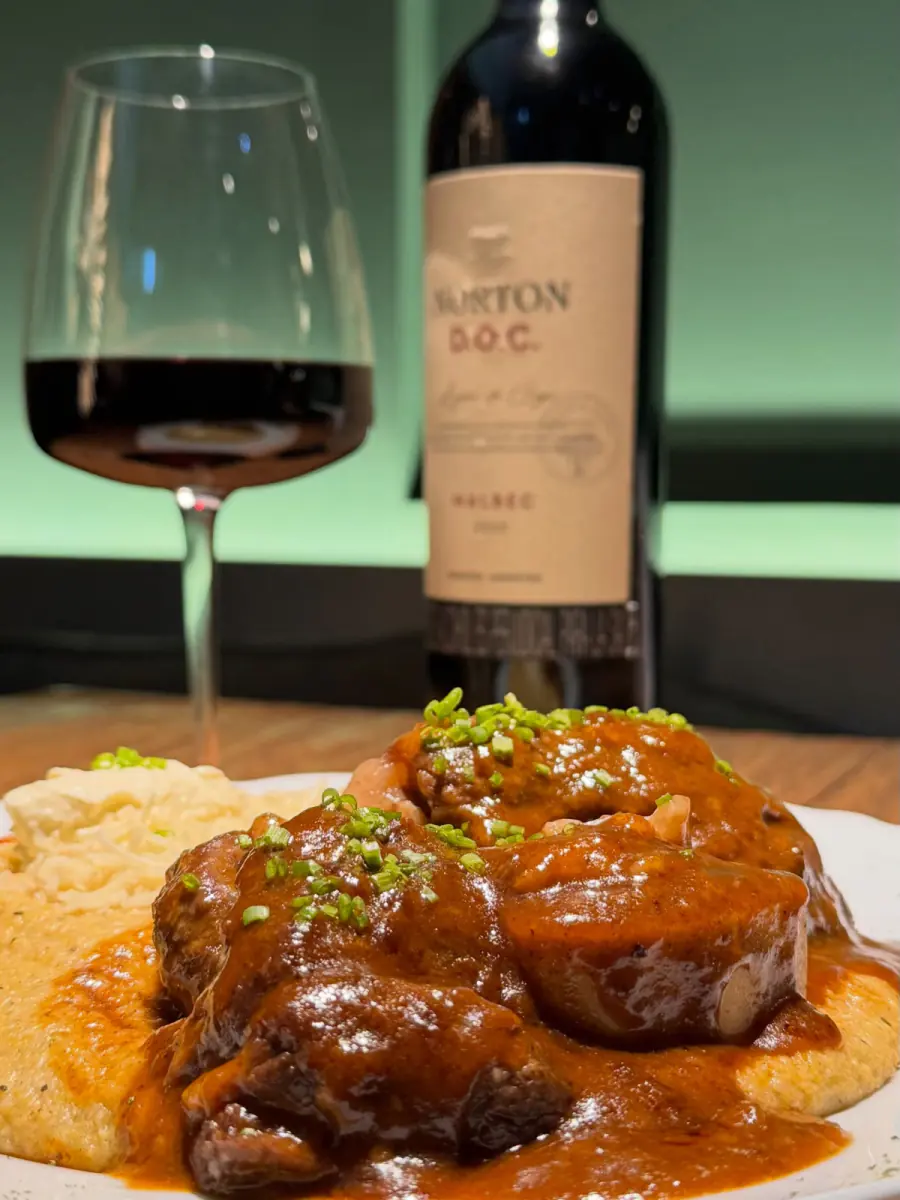 Plato de carne en salsa con puré y una copa de malbec